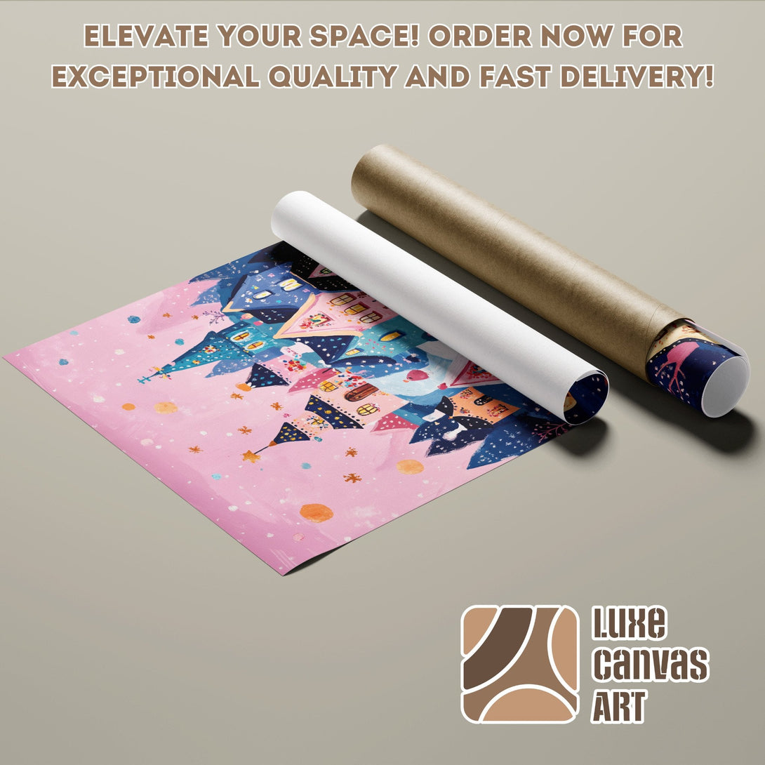 Whimsical art poster roll with pink, blue, and orange color palette. Perfect wall decor!
