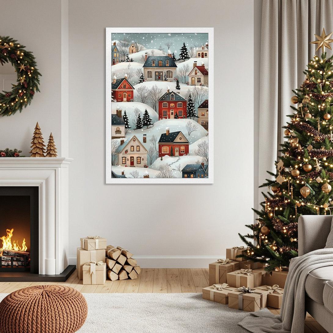 Framed Poster of winter village scene in a cozy, whimsical style with red, blue, and white color palette. Perfect Christmas decor!