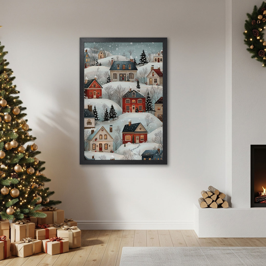 Framed Poster featuring a charming winter village scene in a whimsical style with a cozy, warm color palette. Perfect holiday decor!