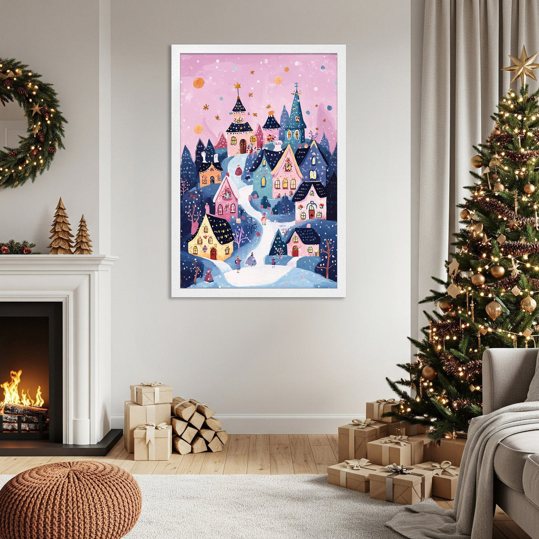Framed Poster featuring a whimsical winter village scene in a pink and blue color palette, perfect for Christmas decor.