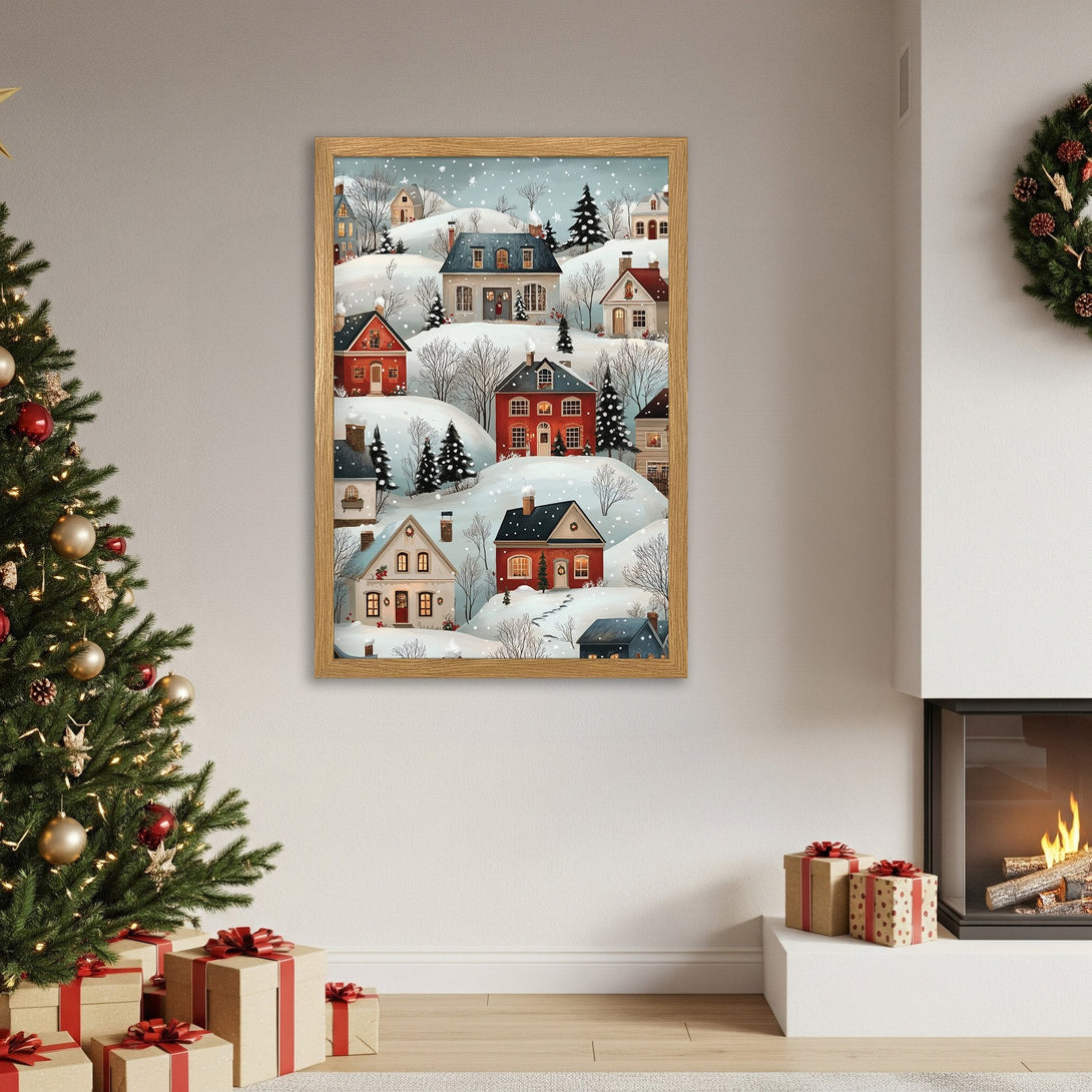 Framed Poster featuring a winter village scene in a charming, illustrative style with a cozy, warm color palette. Perfect holiday decor!