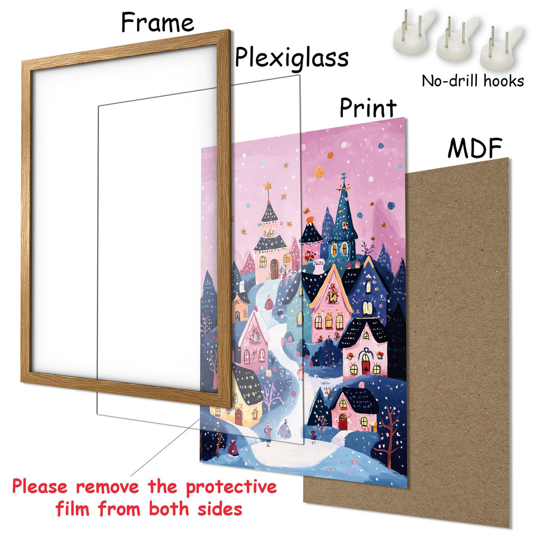 Framed Poster featuring a whimsical village scene in a pink and blue color palette. Perfect wall art for any room!