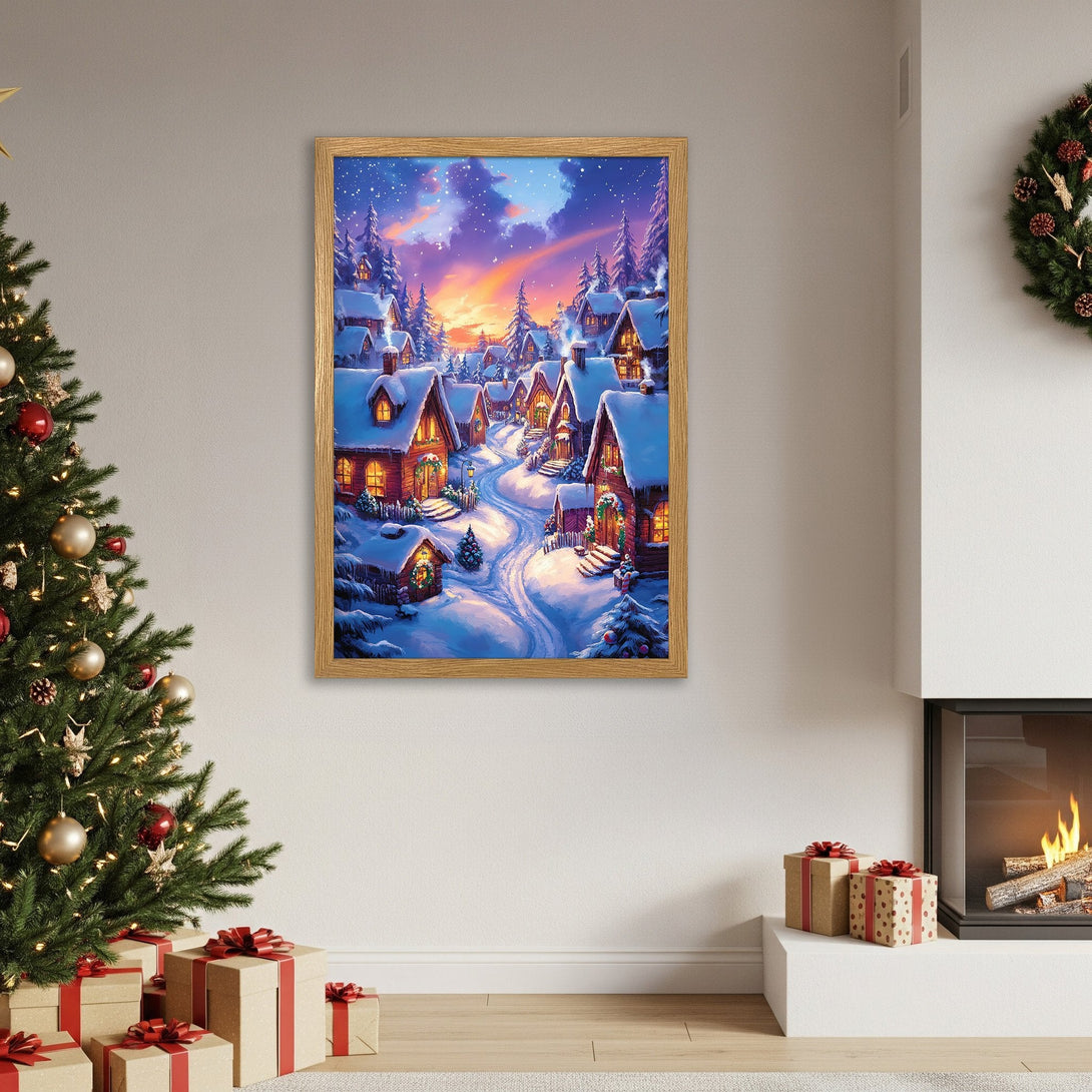Framed Poster of a cozy winter village scene with a warm color palette, perfect for holiday decor.