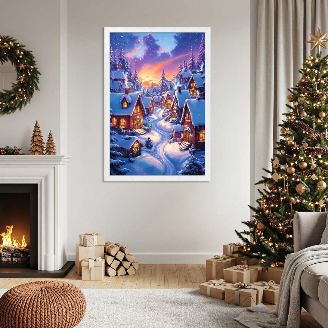 Framed Poster of a cozy winter village scene, vibrant colors, perfect for Christmas decor. Adds warmth and charm to any room.