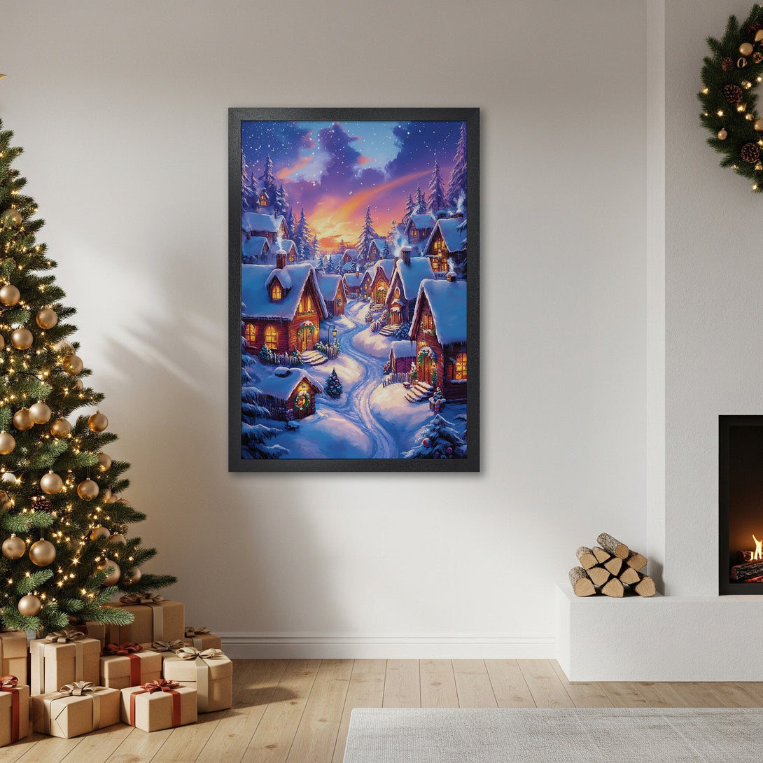 Framed Poster of a cozy winter village scene in a dreamy, painterly style with a blue, orange, and white color palette. Perfect holiday decor!