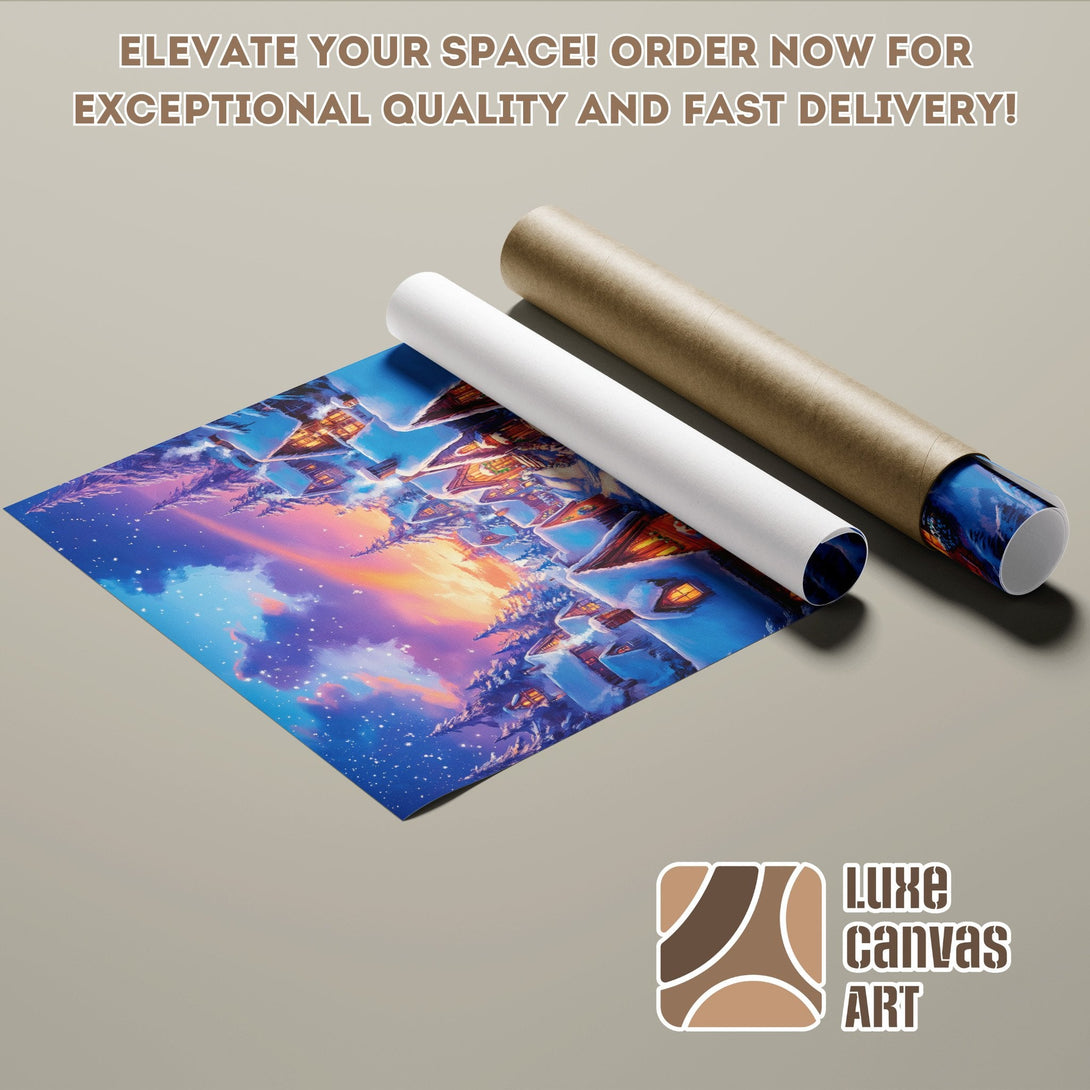Poster Roll featuring a winter village scene with a blue and purple color palette. Order yours today!
