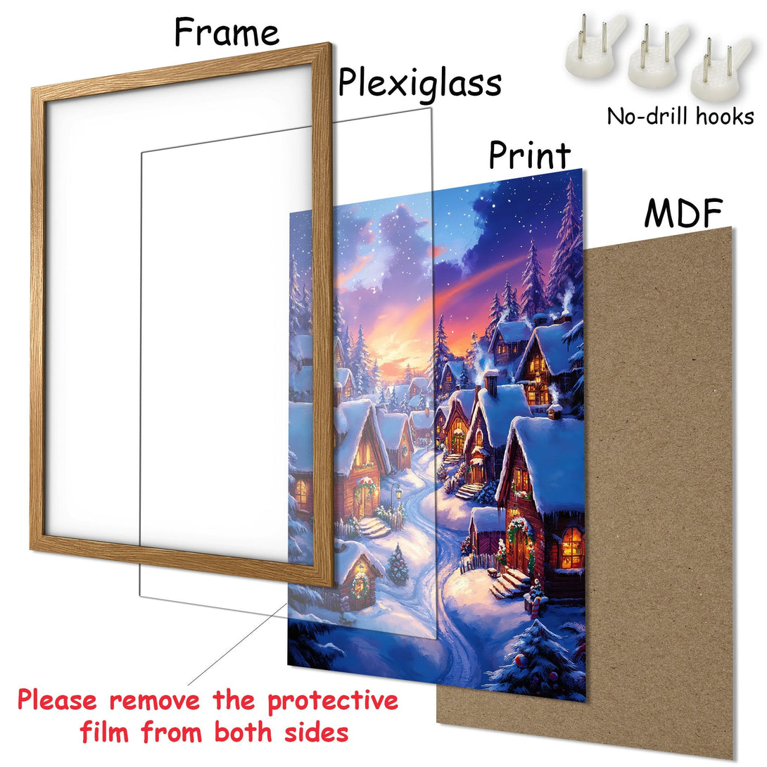 Framed Poster featuring a winter village scene in a warm, inviting style with a blue and orange color palette. Perfect wall art!