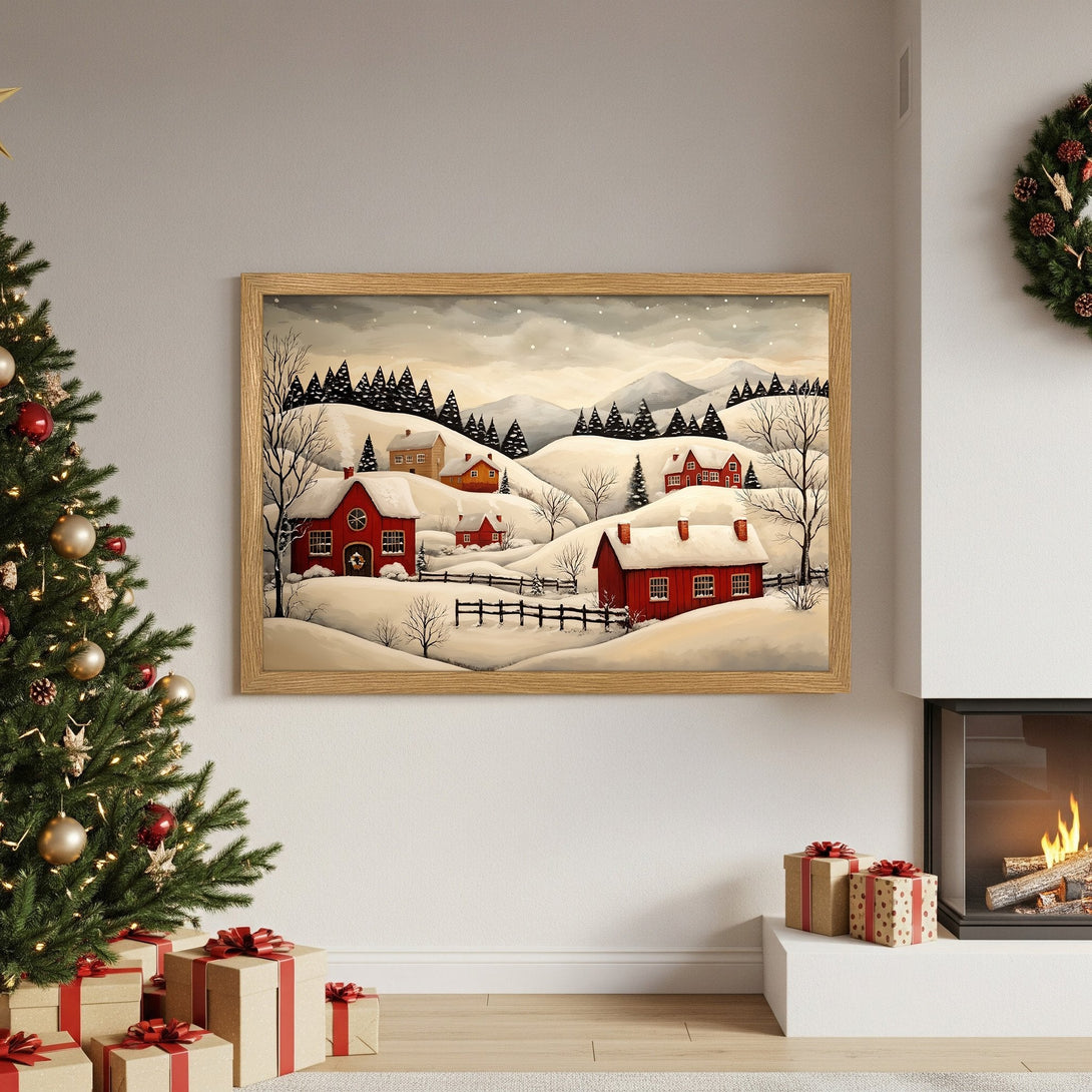 Framed Poster of a winter village scene in a warm, neutral color palette. Perfect holiday decor.