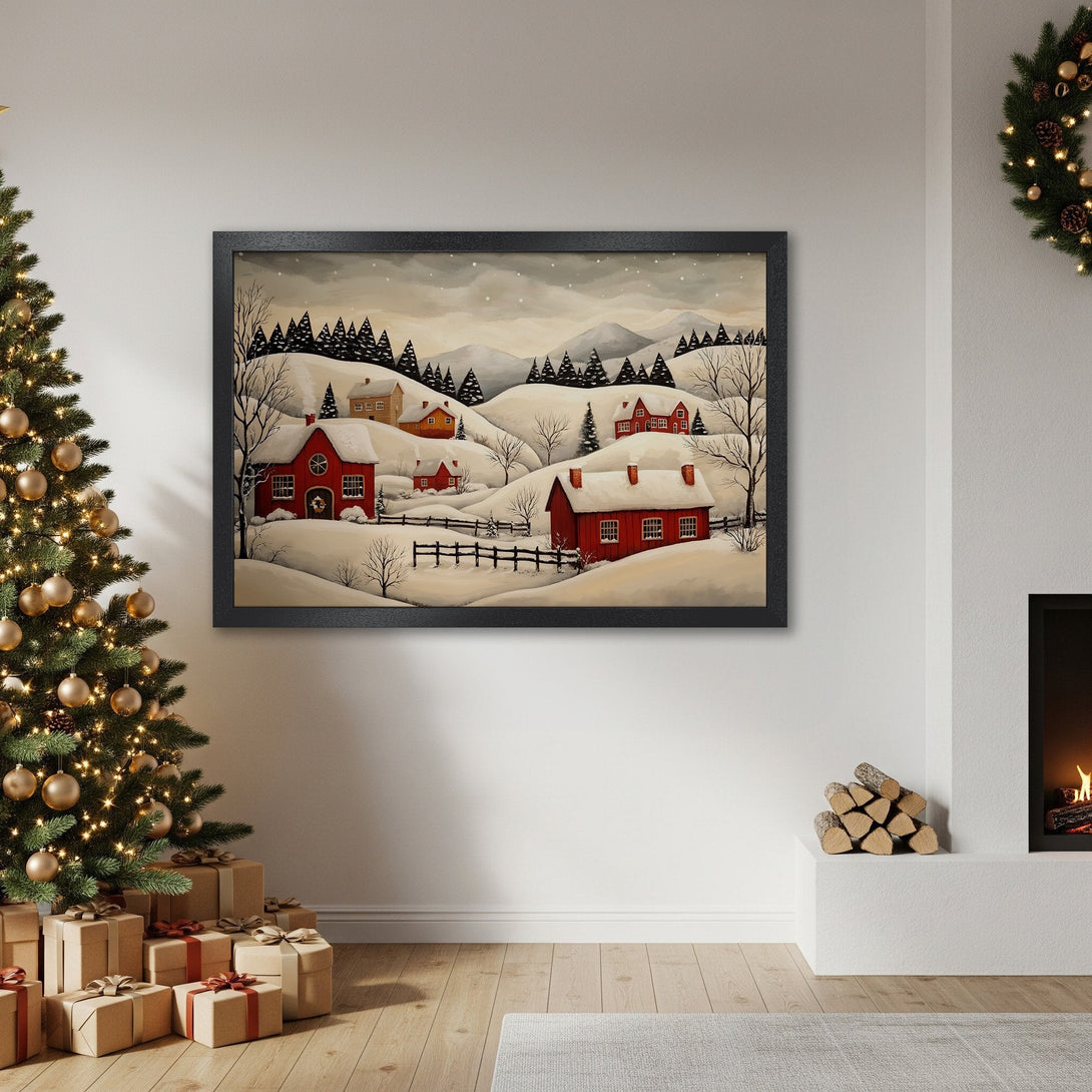 Framed Poster of a winter village scene with red houses, in a cozy, vintage style. Neutral color palette, perfect for holiday decor.