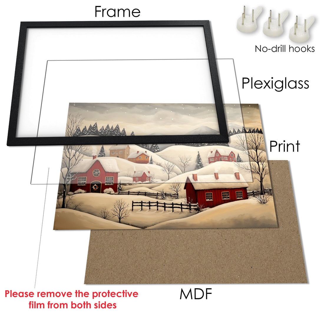 Framed Poster of a winter village scene in a folk art style, featuring red houses and a muted, warm color palette.