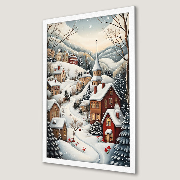Framed Poster featuring a cozy winter village scene. Watercolor style with a warm, inviting color palette of reds, browns, and whites. Perfect holiday decor!