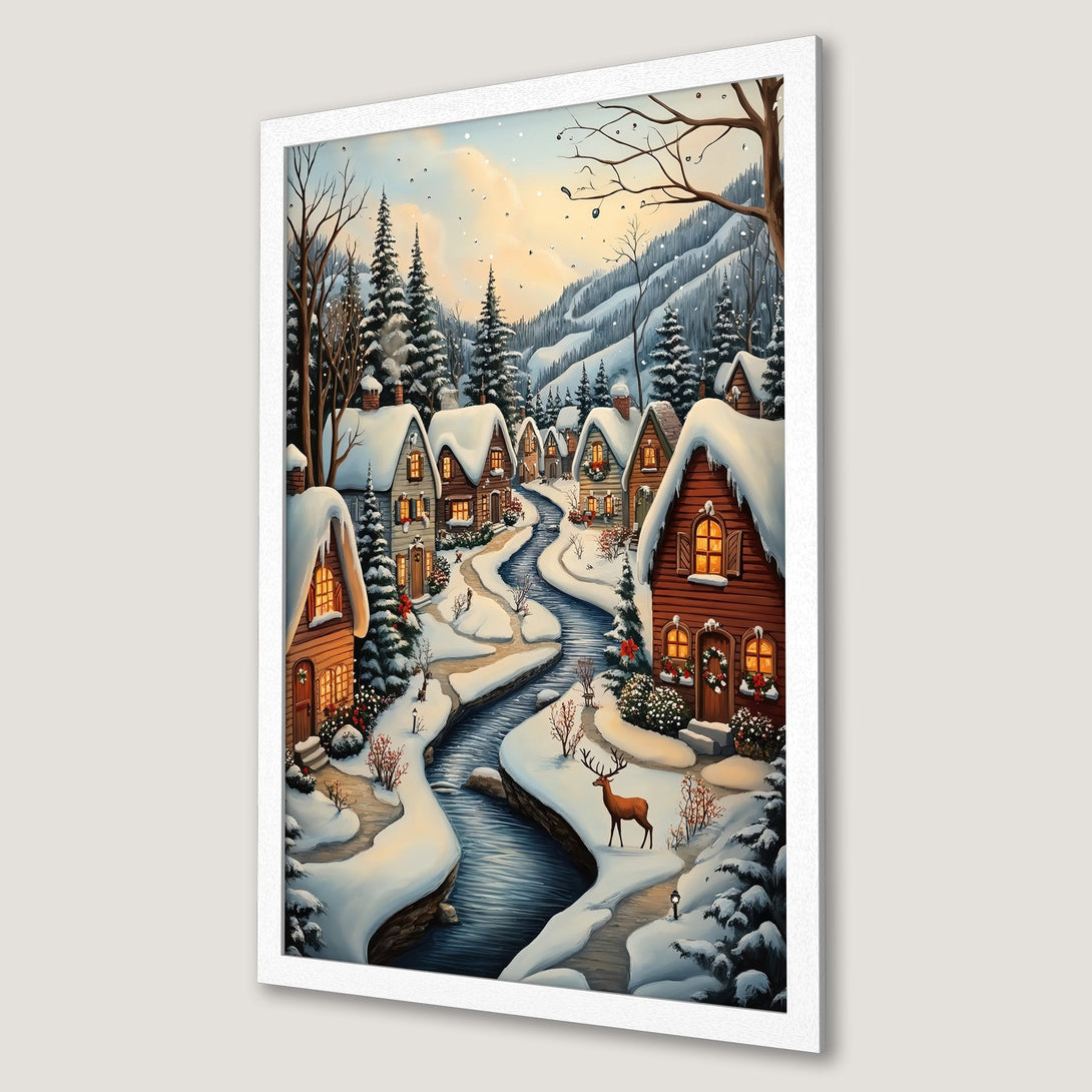 Framed Poster of a winter village scene with a warm color palette, perfect for holiday decor. Charming illustration style.