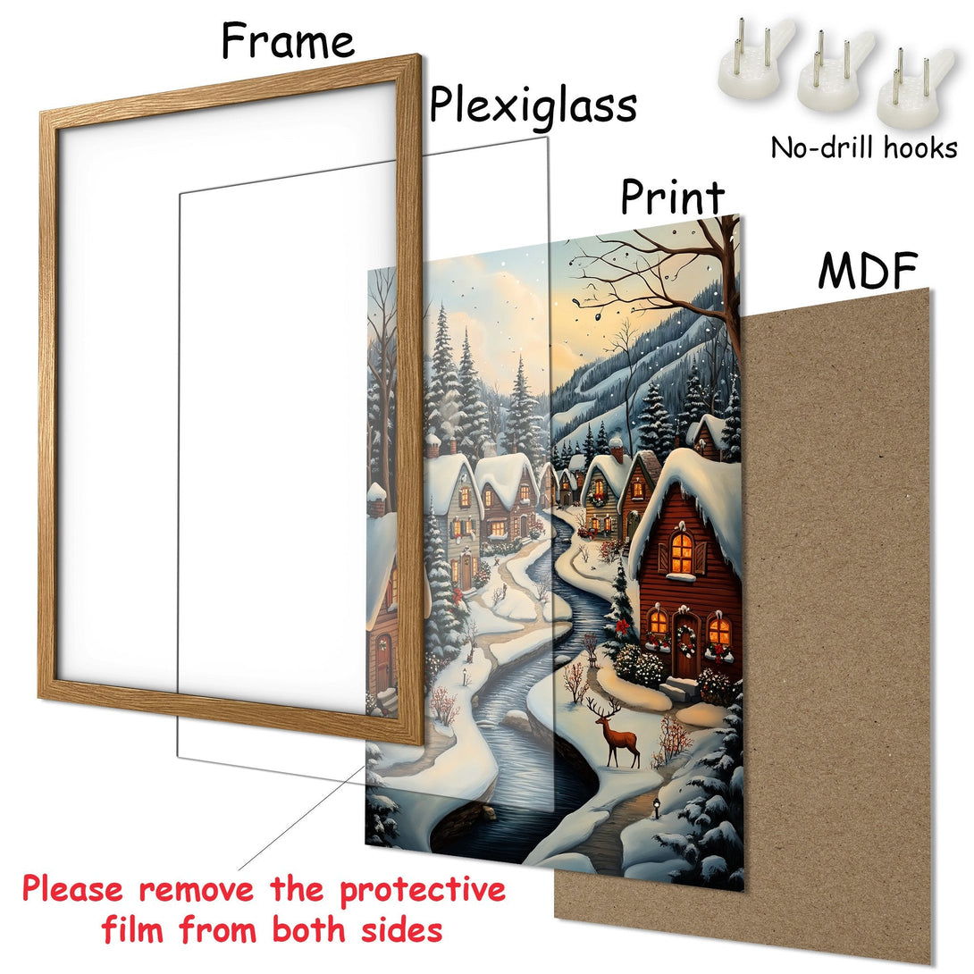 Framed Poster of a winter village scene. Cozy, illustrative style with a warm, inviting color palette. Perfect holiday decor!