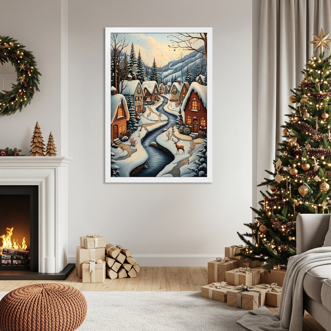Framed Poster featuring a winter village scene in a watercolor style with a warm, inviting color palette. Perfect holiday decor!