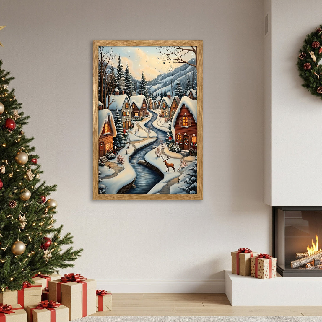 Framed Poster of a winter village scene, warm colors, cozy style. Perfect holiday decor!