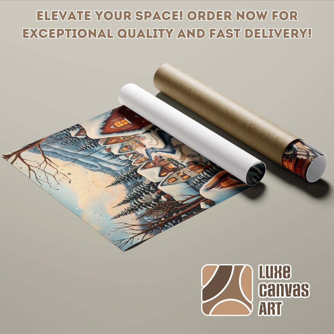 Winter village poster roll, watercolor style, cool blue and warm brown tones. Elevate your space!