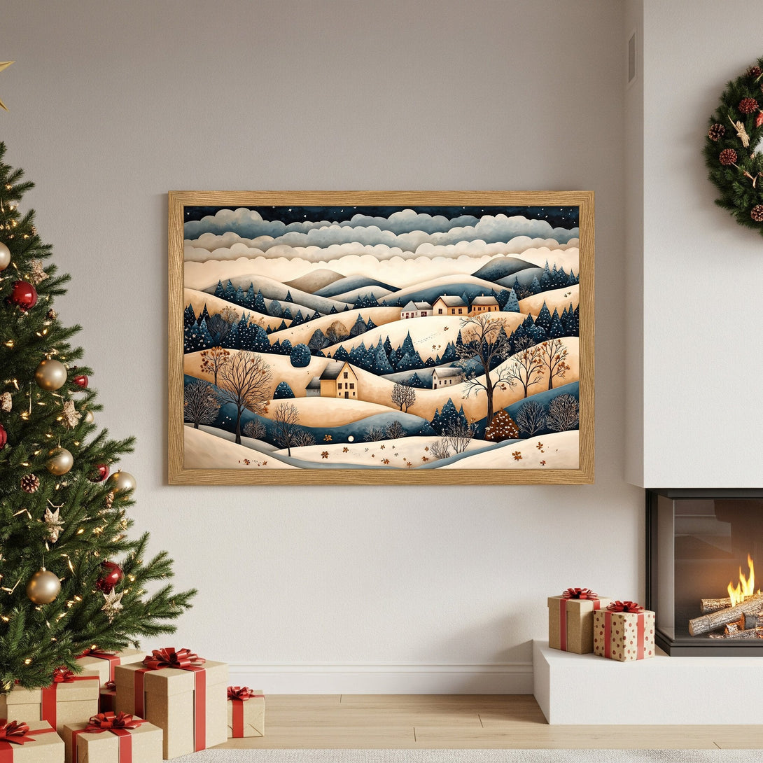 Framed Poster of winter landscape art in blue and beige tones, perfect for holiday decor.