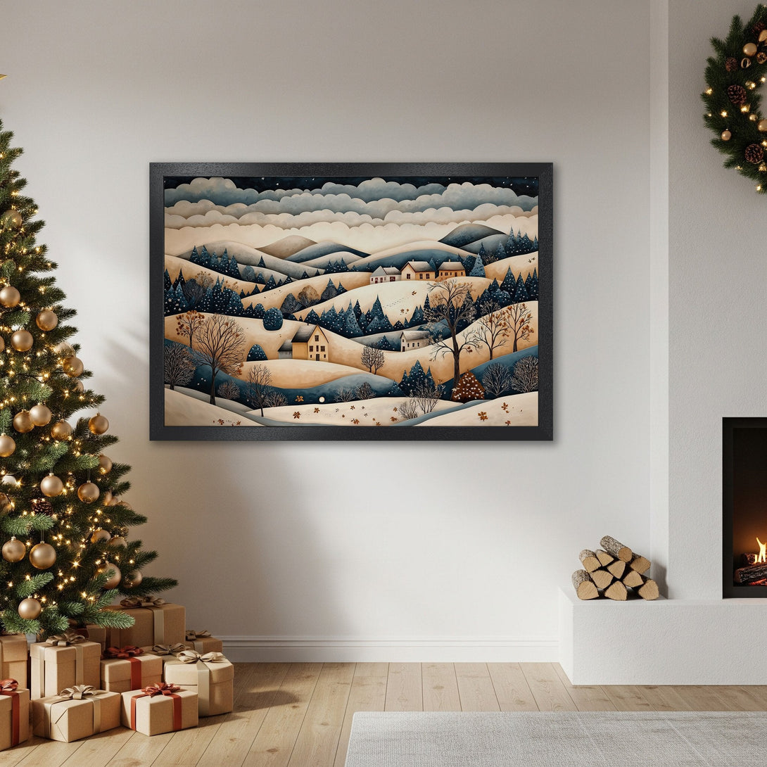 Framed Poster of a winter landscape in watercolor style, featuring a serene scene with blue, beige, and white tones. Perfect holiday decor!