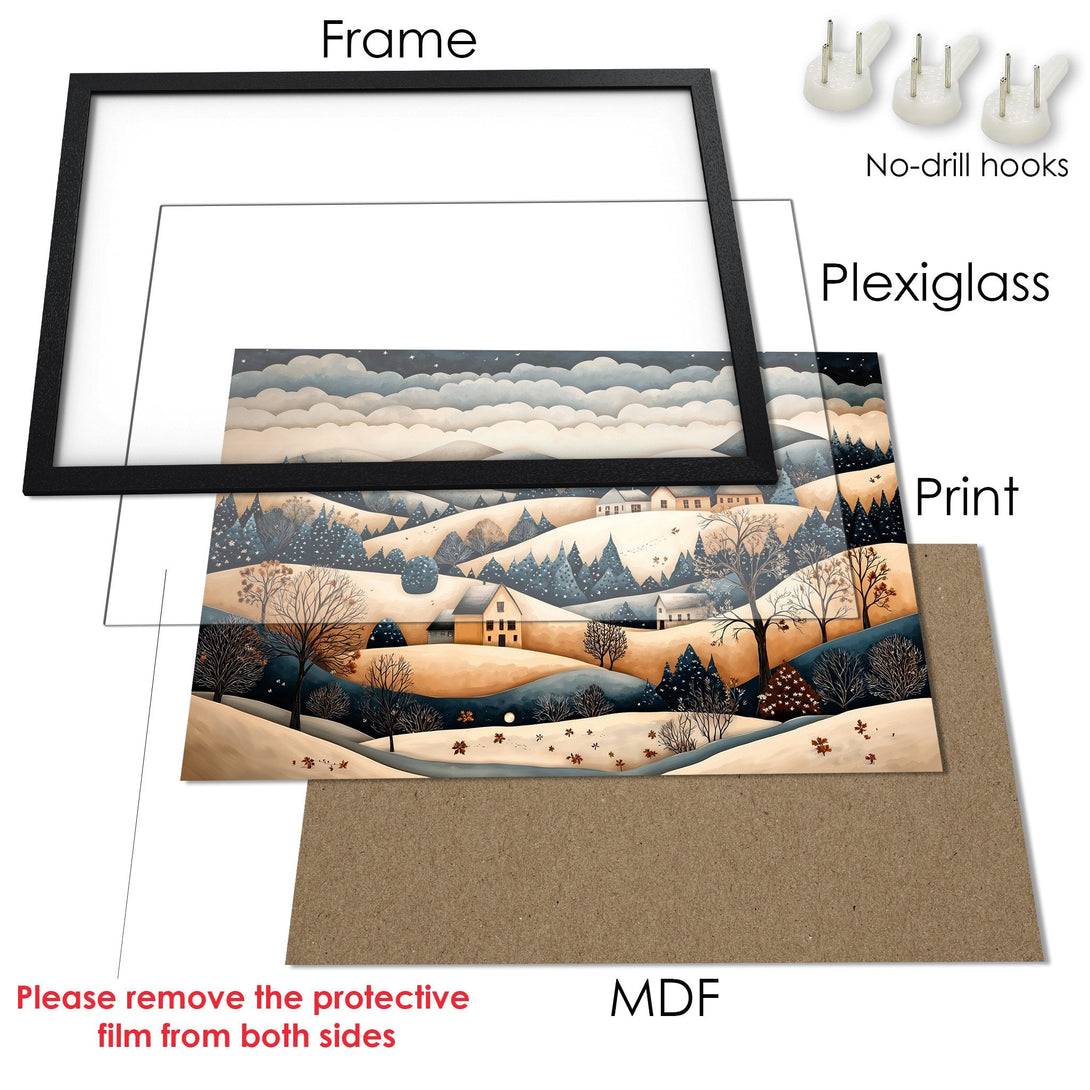 Framed Poster of a winter landscape in a watercolor style, featuring a muted blue, brown, and white color palette. Ready to hang!