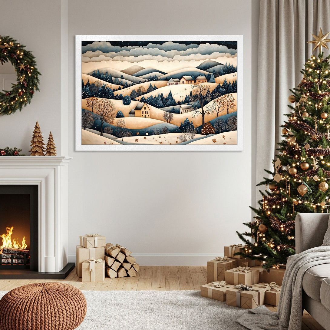Framed Poster featuring a winter landscape illustration in a muted blue and beige color palette, perfect for cozy decor.