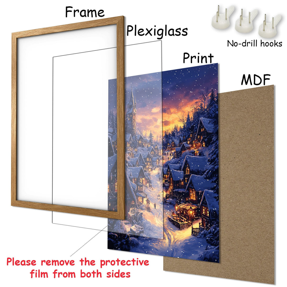 Framed Poster of a snowy village scene in a warm, inviting style with a cool blue and warm orange color palette. Ready to hang!