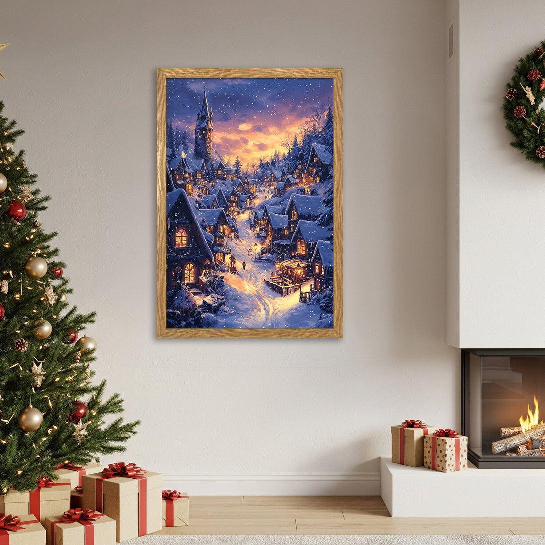 Framed Poster of a winter village scene. Cozy, illustrative style with blue, gold, and white color palette. Perfect holiday decor!