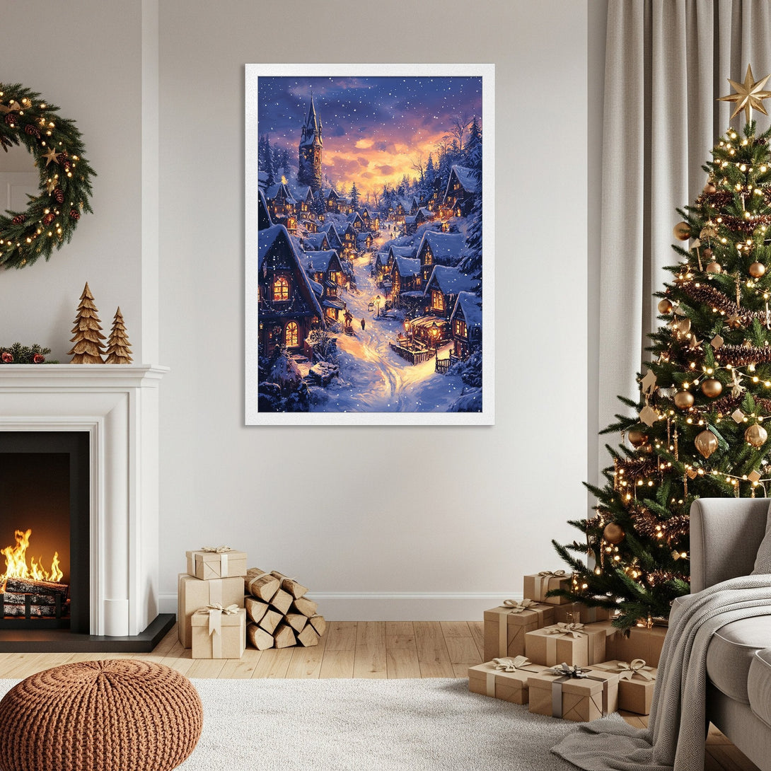 Framed Poster of a snowy village scene, warm sunset colors. Perfect holiday decor.