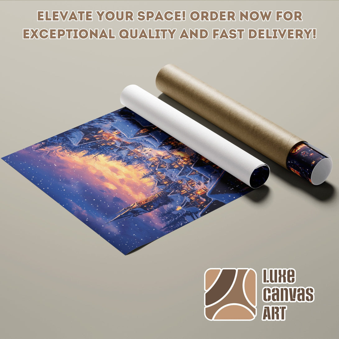 Poster Roll featuring a fantasy landscape, with blue, orange, and brown tones. Order your art today!