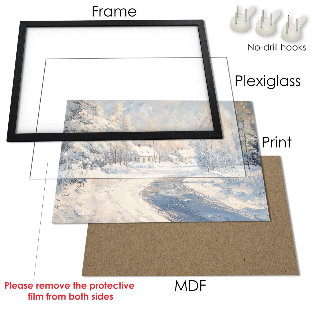 Framed Poster of a winter landscape in cool blue and white tones. Perfect art for your home!