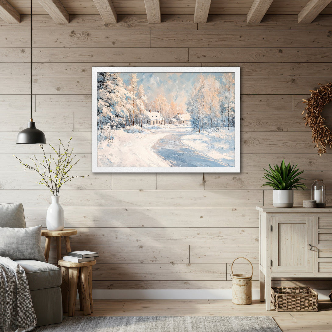 Framed Poster of a winter landscape painting in a neutral color palette. Perfect for cozy home decor.