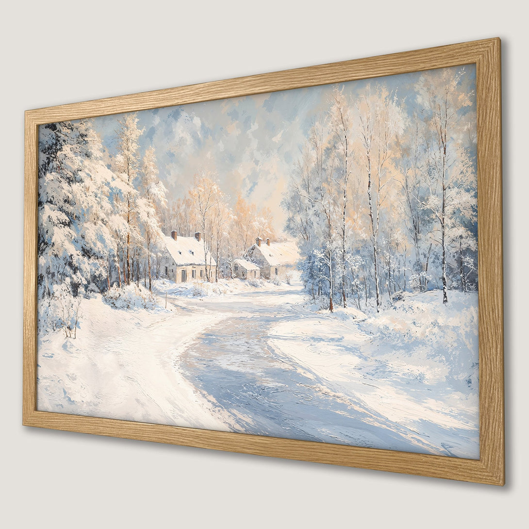 Framed Poster: Winter landscape art print in blue, white, and beige. Serene, impressionistic style. Perfect wall decor.