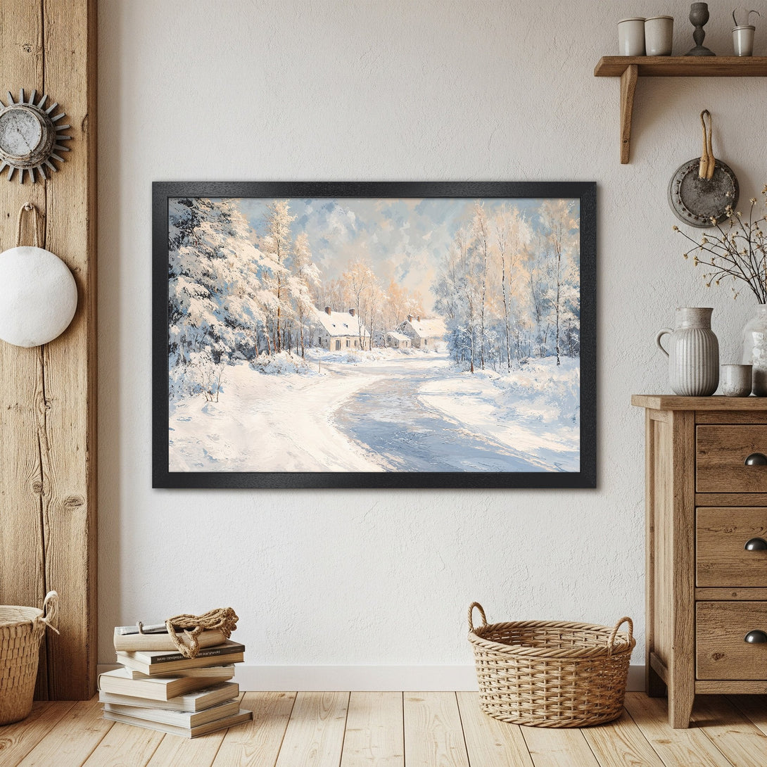 Framed Poster of a winter landscape painting, featuring a snowy road and houses. Soft, pastel color palette.