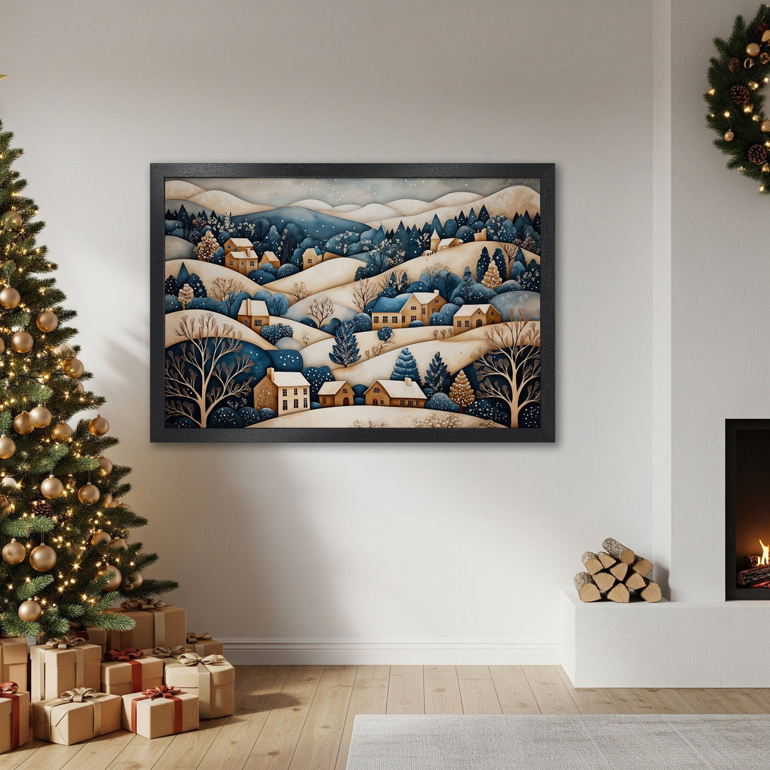 Framed Poster of a winter village scene in a watercolor style. Features a blue, beige, and brown color palette, perfect for holiday decor.