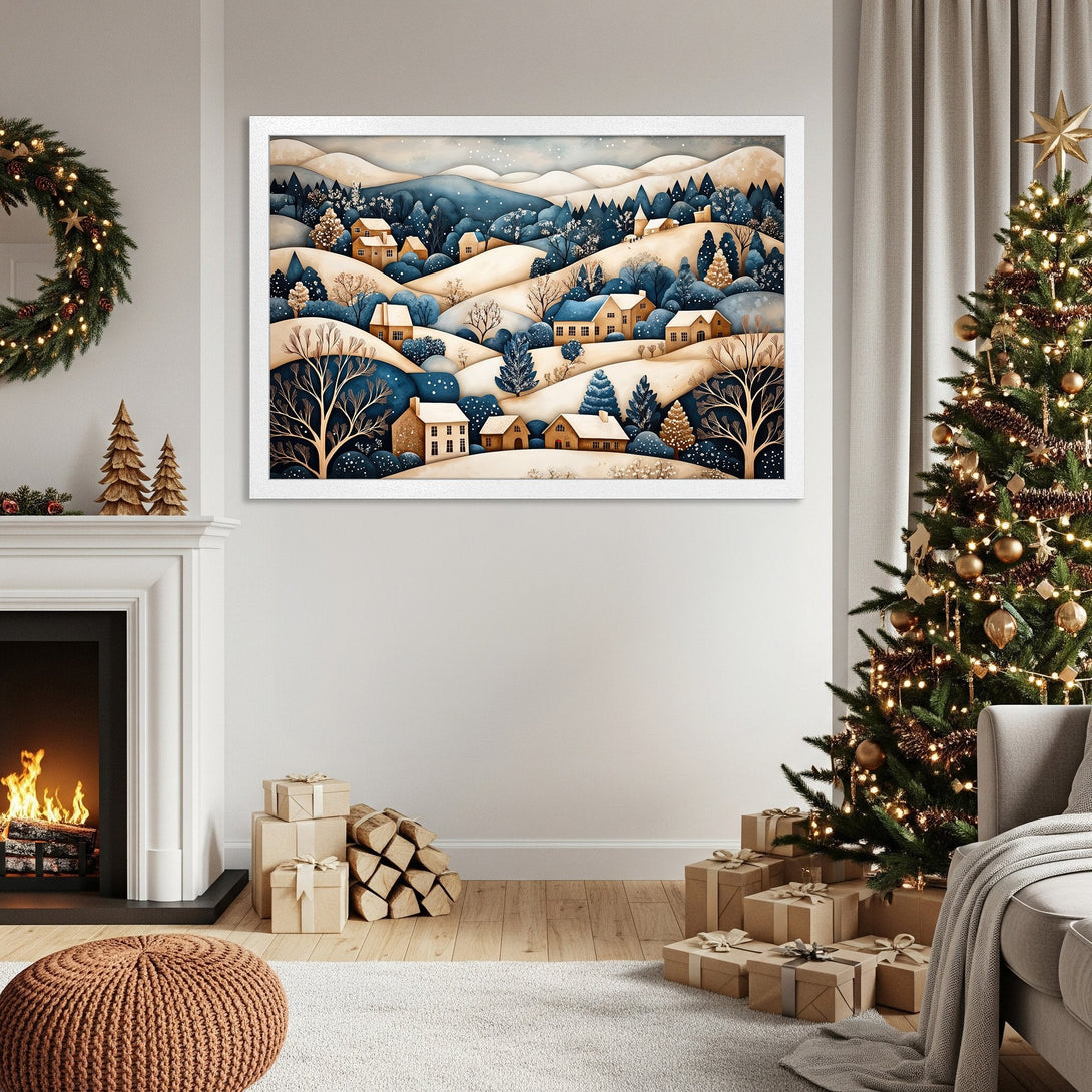 Framed Poster of a winter village scene in a whimsical style with blue, gold, and beige tones. Perfect holiday decor!