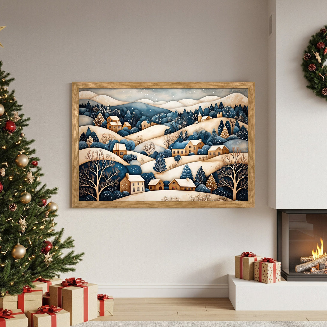 Framed Poster of a winter village scene in a whimsical style, featuring a blue and beige color palette. Perfect Christmas decor!