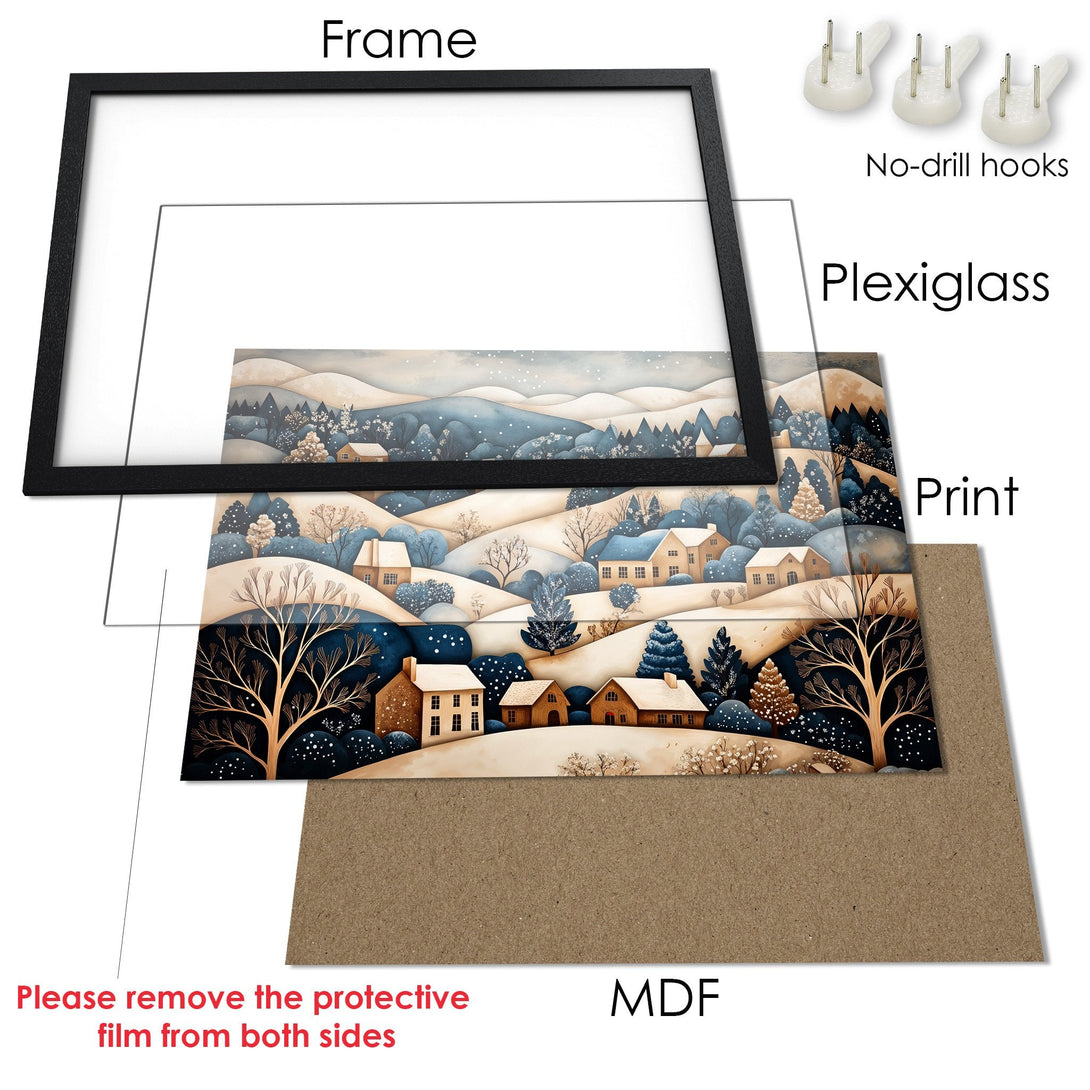 Framed Poster featuring a winter village scene in watercolor style, with a blue and beige color palette. Perfect home decor!
