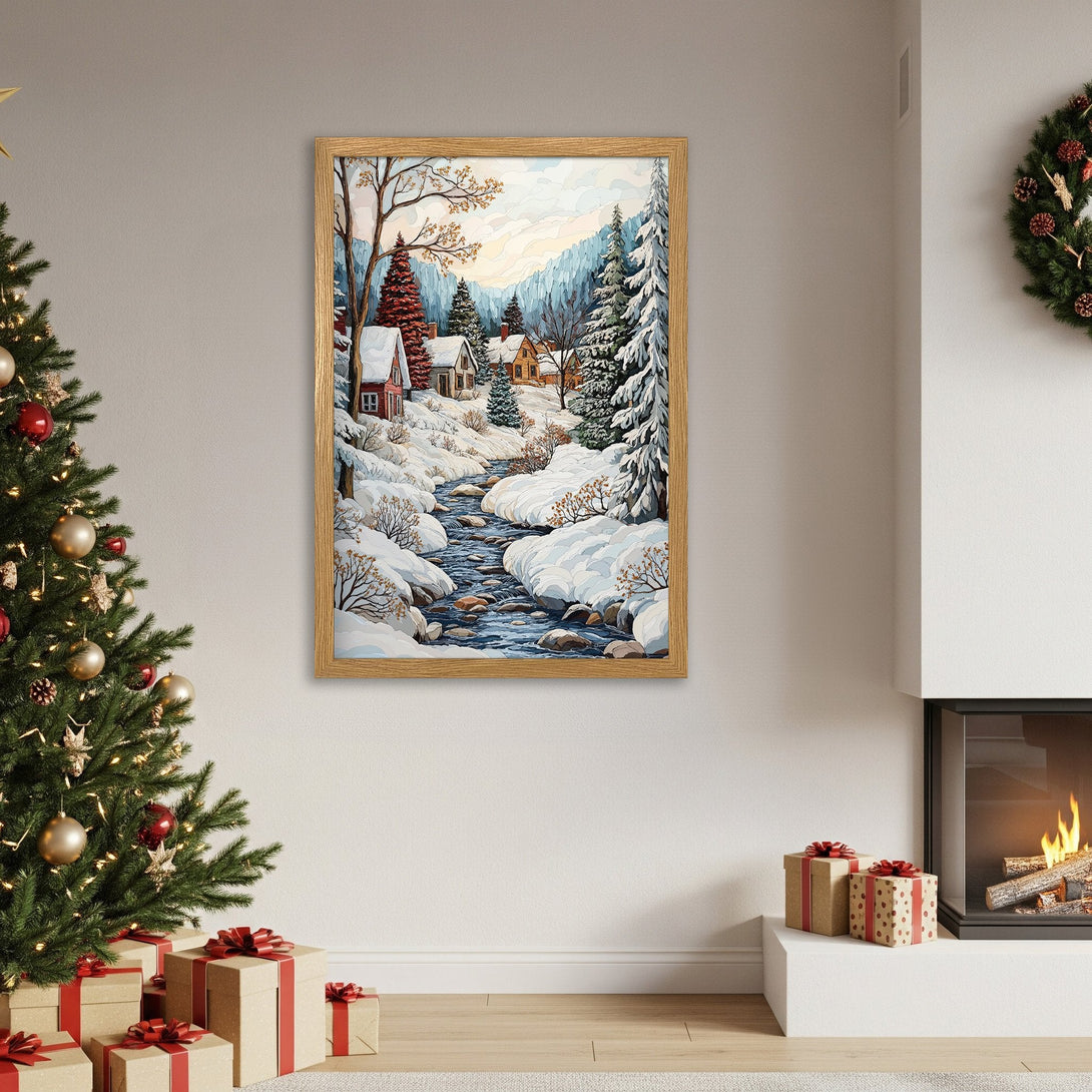 Framed Poster of a winter landscape scene in a cozy, warm style, featuring a snowy river and cabins. Earthy tones and a touch of red.