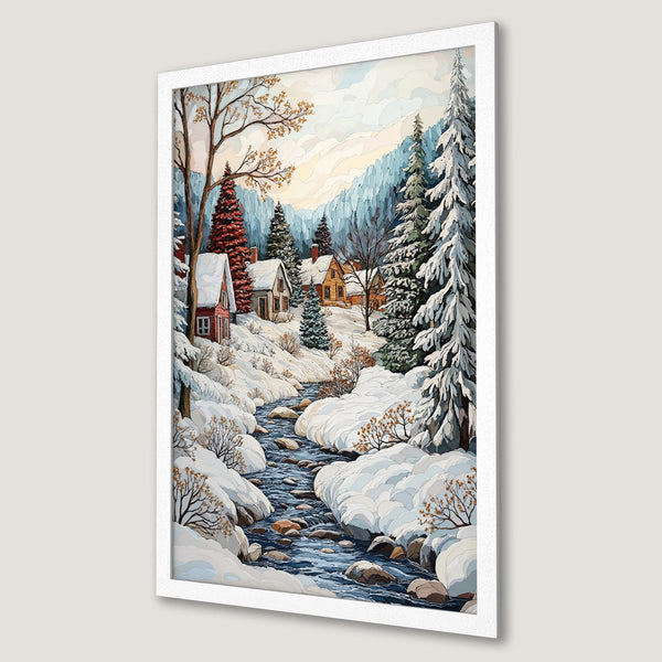 Framed Poster of a winter landscape with a snowy river, cabins, and trees. Watercolor style with cool blue and warm tones.