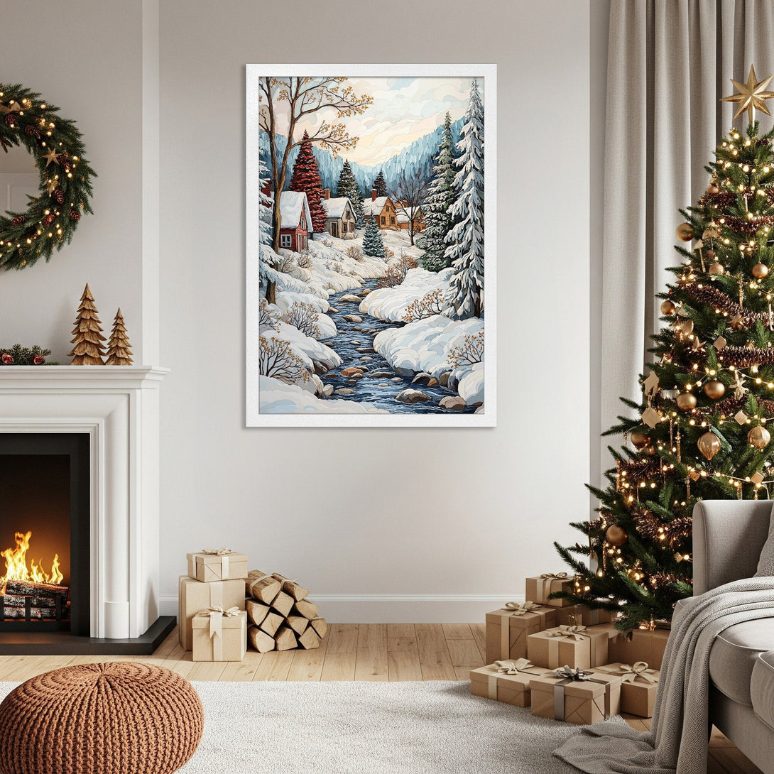 Framed Poster of winter landscape art in a cozy, warm color palette, perfect for holiday decor.