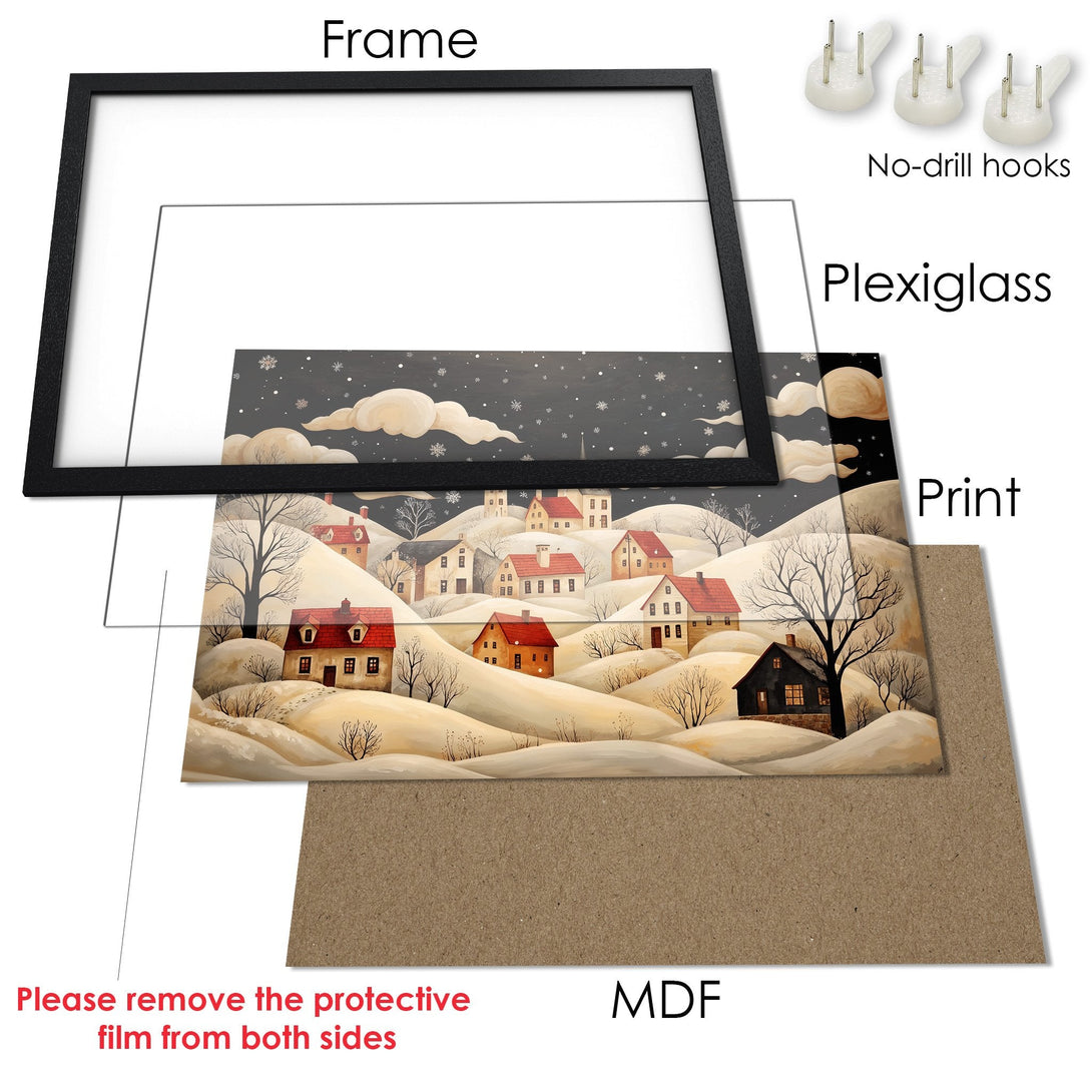 Framed Poster featuring a winter village scene in a warm, neutral color palette. Perfect wall art for cozy decor!