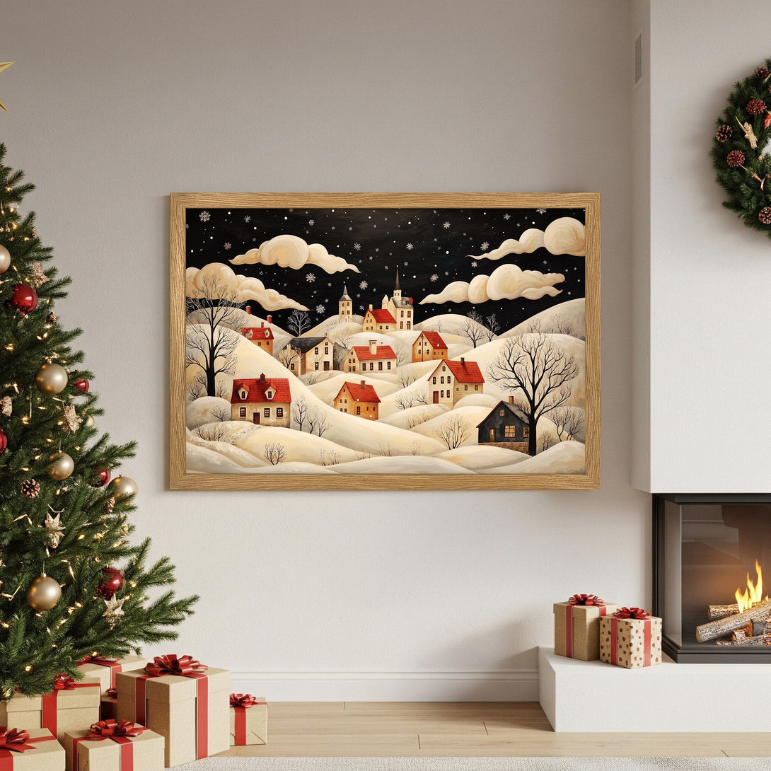 Framed Poster featuring a winter village scene in a whimsical style with a black, beige, and red color palette. Perfect holiday decor!