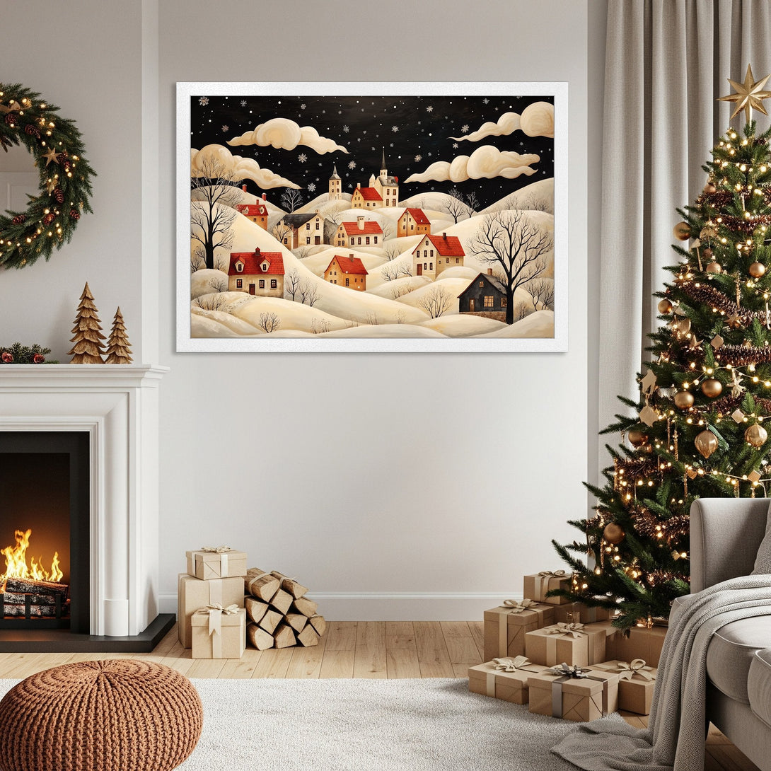 Framed Poster featuring a winter village scene in a charming, illustrative style with a warm, neutral color palette. Perfect holiday decor!