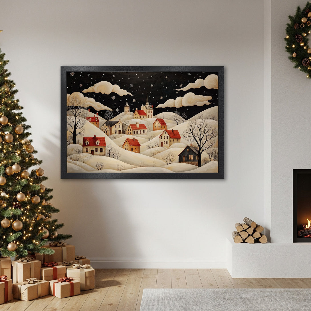 Framed Poster of winter village art. Cozy style with a black, white, and red color palette. Perfect for holiday decor.