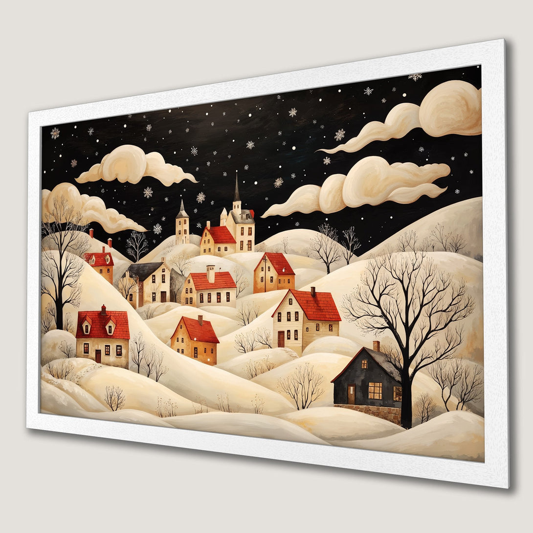 Framed Poster of a winter village scene in a charming, painterly style. Features a warm, neutral color palette with pops of red. Perfect wall art!