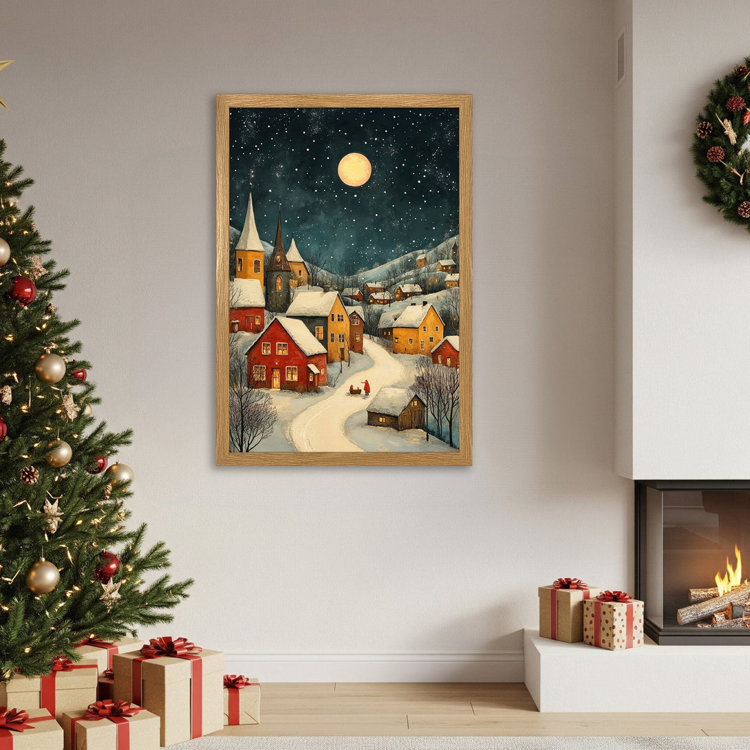 Framed Poster of a winter village scene, warm colors, inviting art for home decor. Perfect holiday gift!