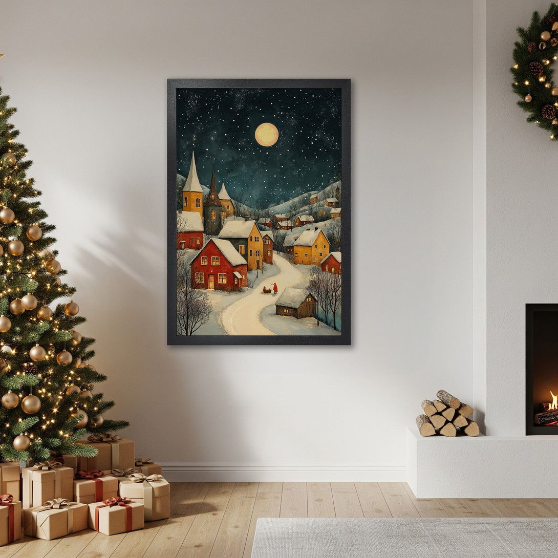 Framed Poster of a winter village scene, whimsical style, with a blue, yellow, and red color palette, perfect for holiday decor.