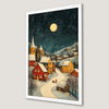 Winter Village Art Poster with Full Moon and Snowy Scene