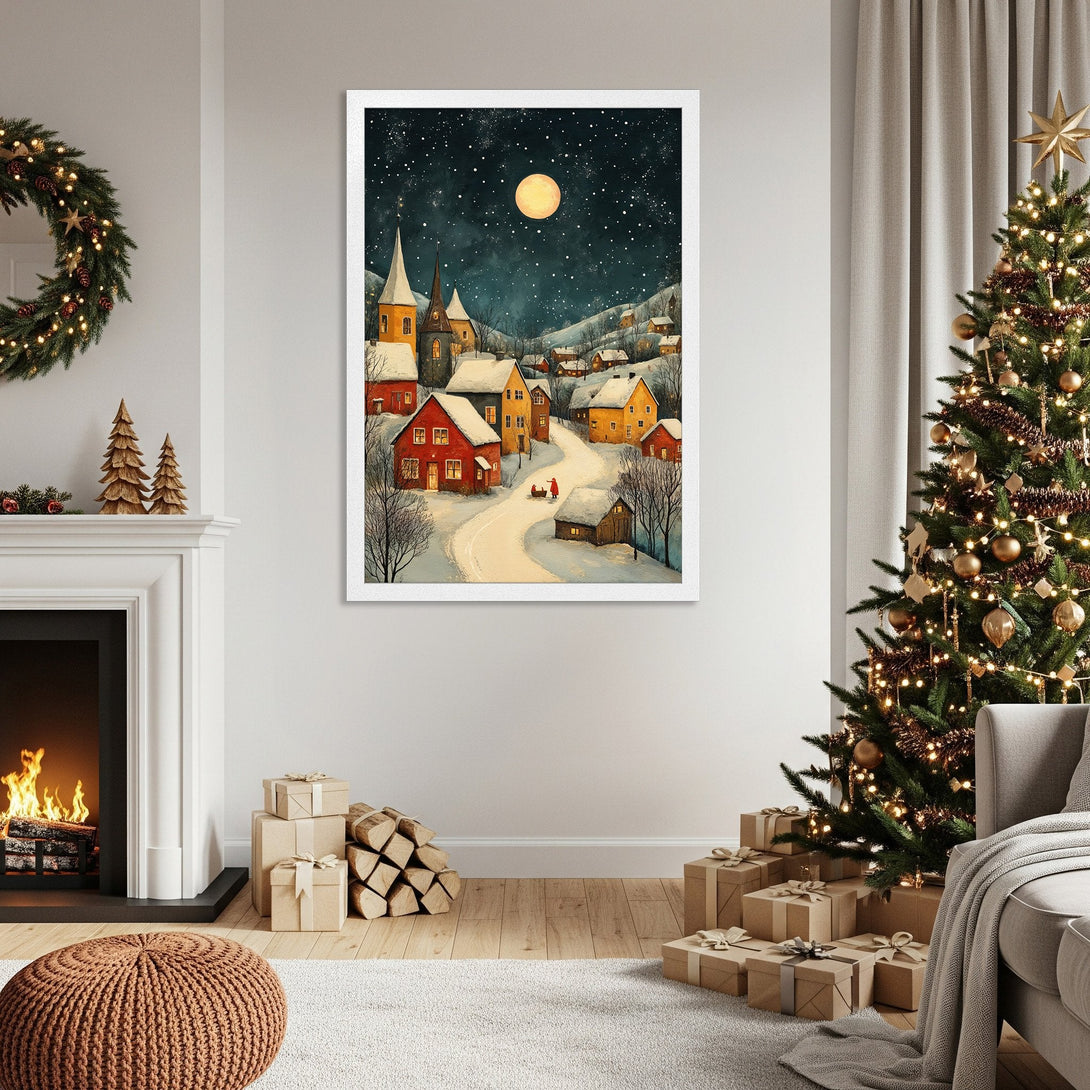 Framed Poster of a winter village scene, watercolor style, with a warm, inviting color palette. Perfect holiday decor!