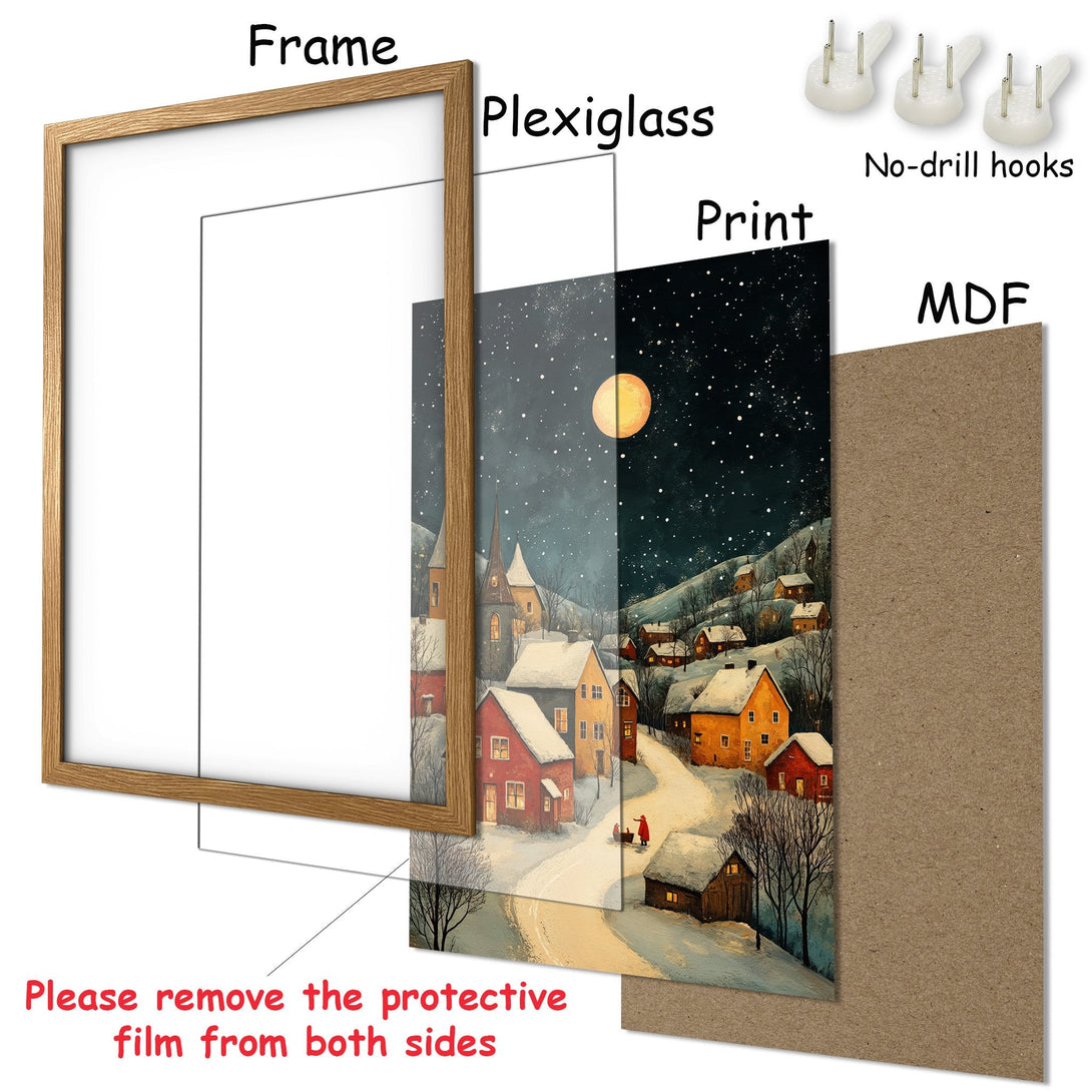 Framed Poster: Winter village scene with a warm color palette. Perfect wall art for cozy decor. Get yours today!