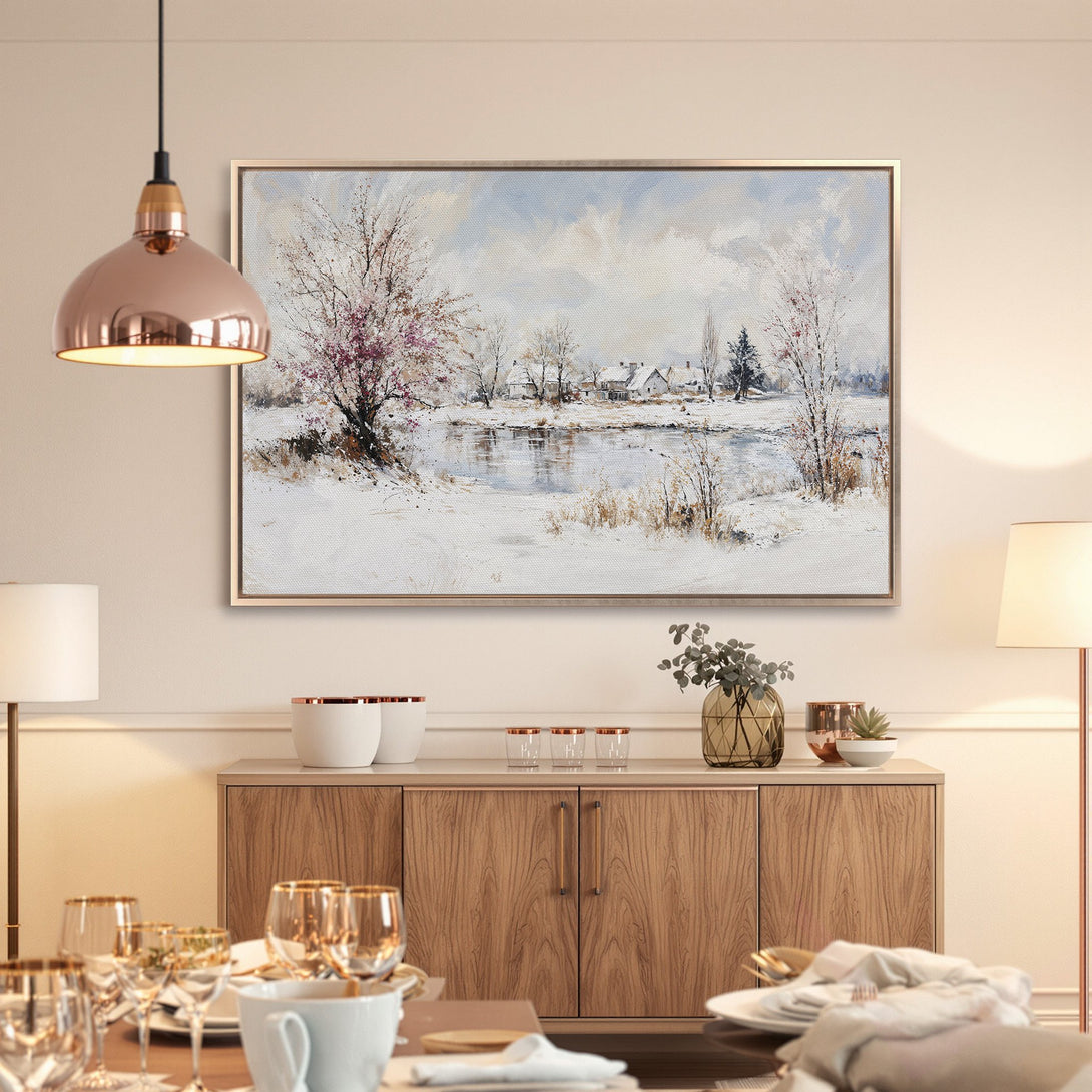 Framed Wall Art: Winter landscape canvas print with a serene, impressionistic style. Features a cool, muted color palette of whites, blues, and hints of pink.